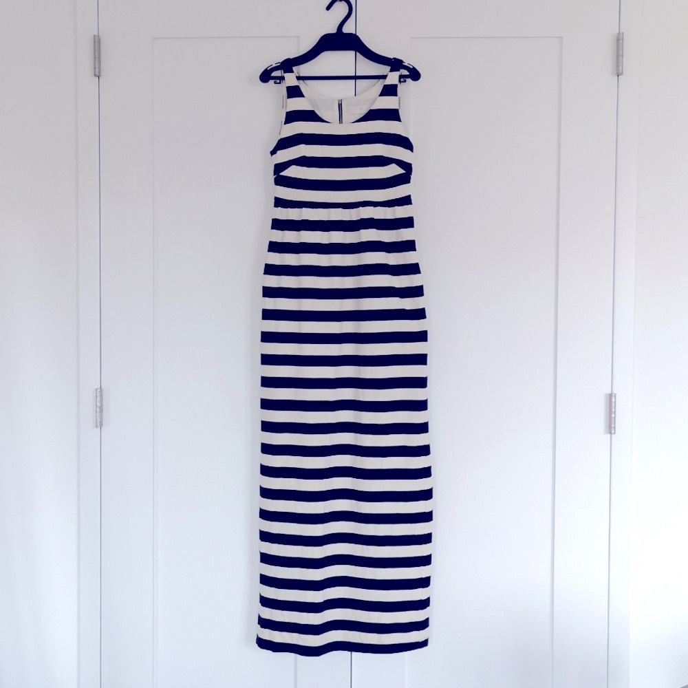 100% Cotton Maxi Dress stripe border empire waist no sleeve